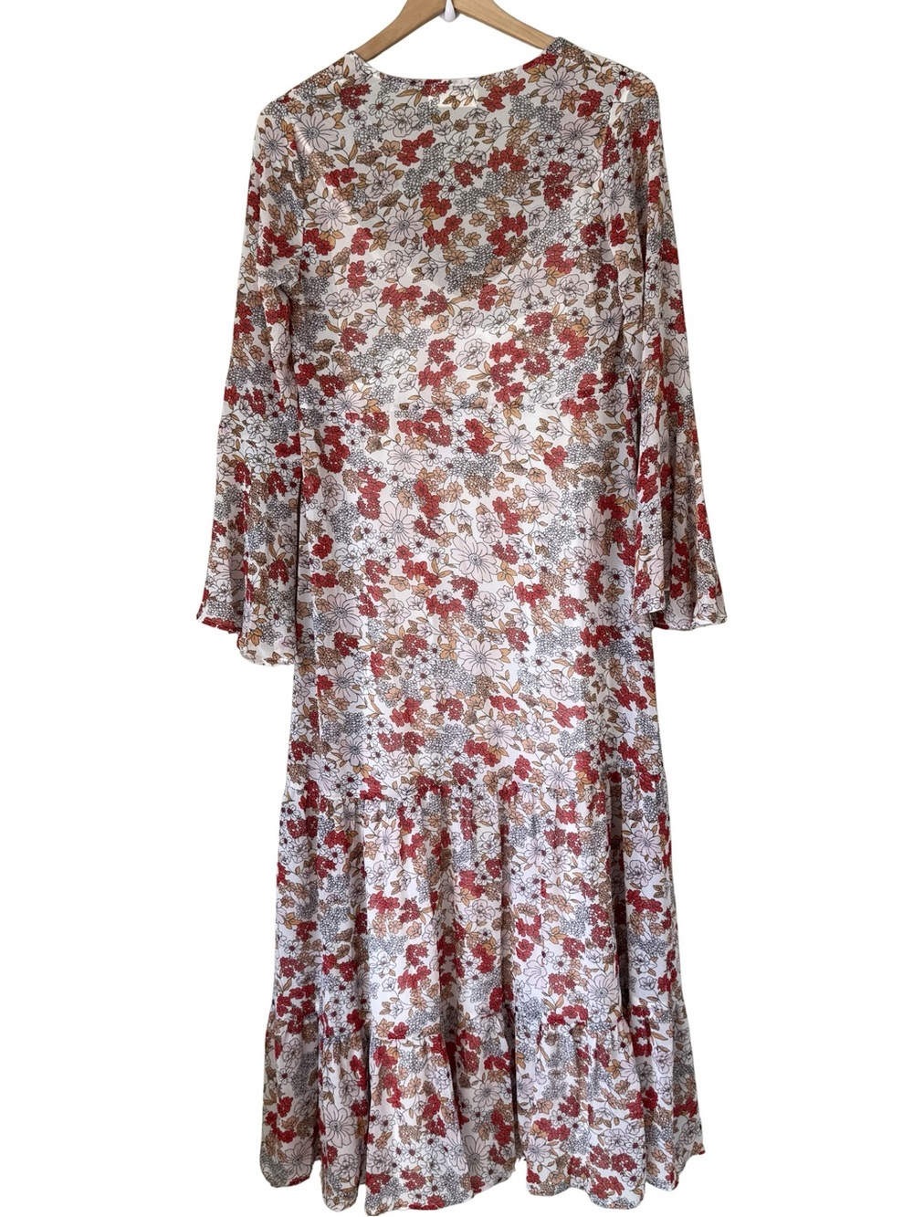 Natural Life - Sheer Multi Floral V Neck Tiered Bell Sleeve Maxi Dress - Size XS - Picture 2 of 7
